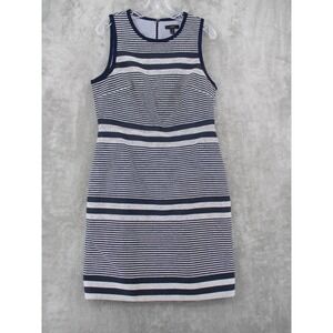 J Crew Dress 12 Navy Stripe Tweed Sheath Tie Nautical Career Office Preppy Blue